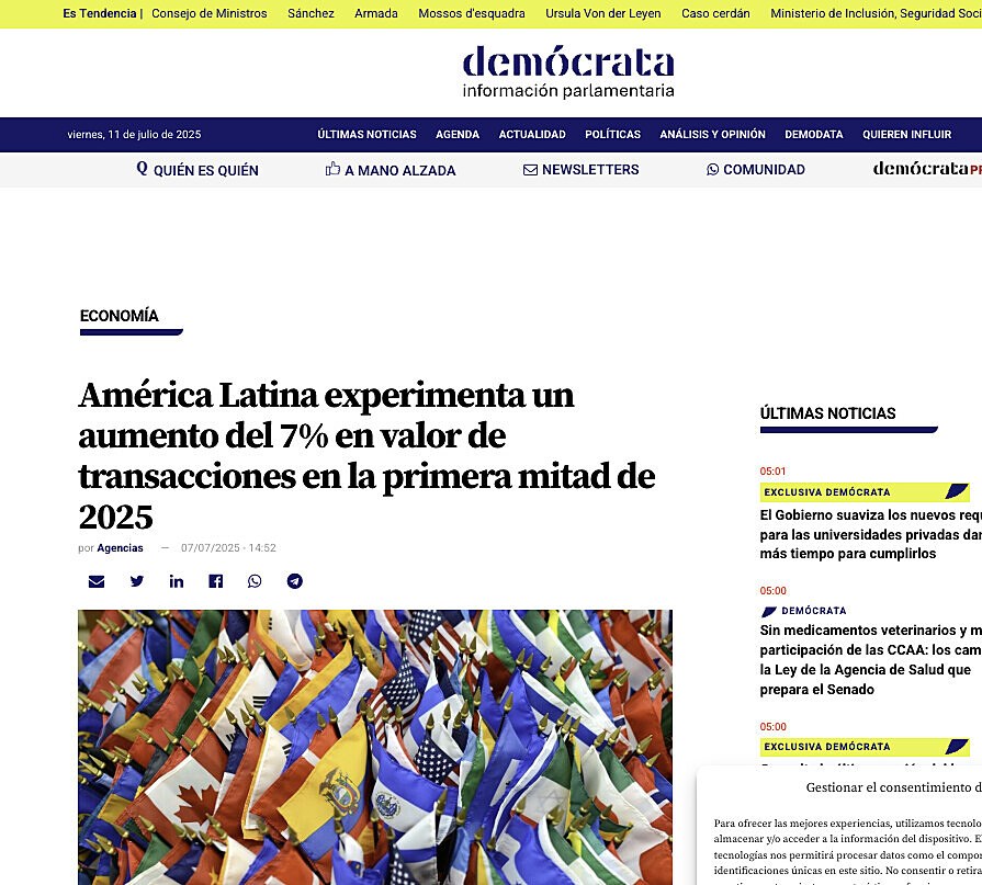 Amrica Latina experimenta un aumento del 7% en valor de transacciones en la primera mitad de 2025